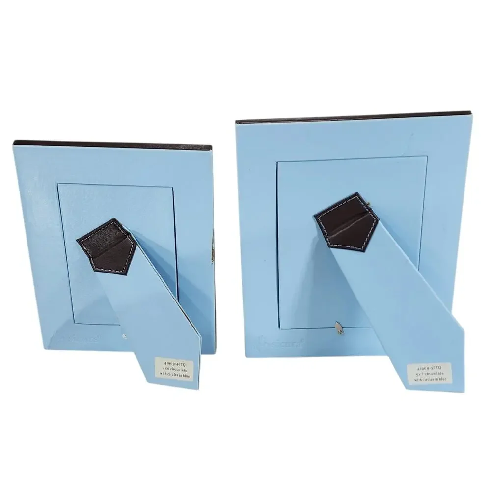 2 Sicura Italian Designs Picture Photo Frames Leather Brown Blue Circles 5x7 4x6